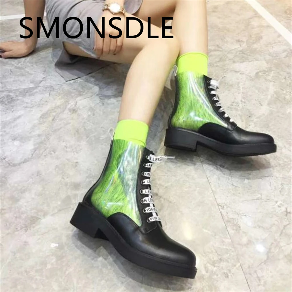 

2018 New Fashon PVC and Cow Leather Women Ankle Boots Round Toe Lace Up Short Boots Shoes Woman Black White Spring Summer Shoes