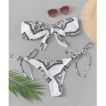 

Women Swimwear Push Up Bikini 2020 mujer Swimsuit Tube top Bandage Printing Brazilian Biquini Bathing Suit Beachwear Monokini