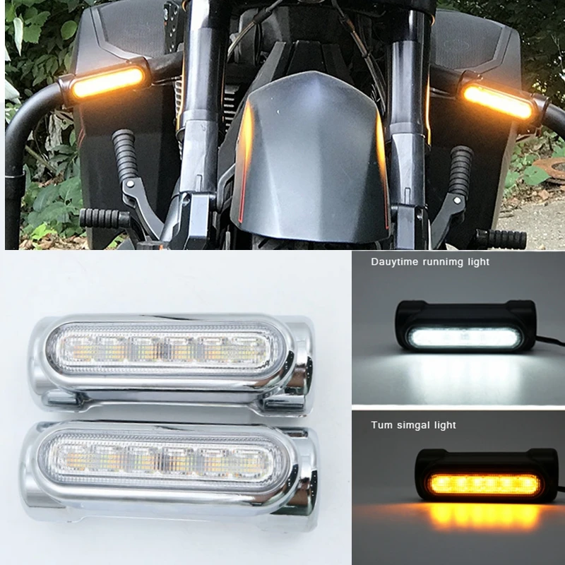 HIGHWAY BARS LED WHITE DRL LIGHTS & AMBER TURN SIGNAL HARLEY DAVIDSON, VICTORY - BLACYHK