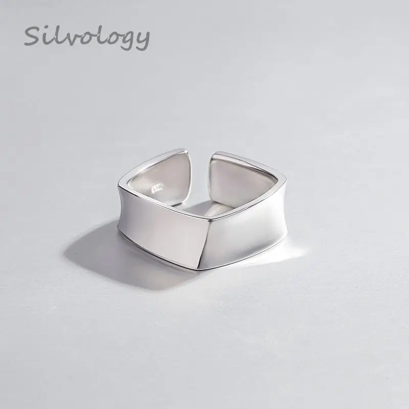 

Silvology Glossy Wide Square Rings 925 Sterling Silver Twist Grain Temperament Texture Open Rings For Women Fine Jewelry Gift
