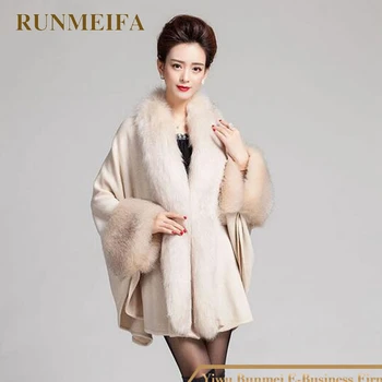

[RUNMEIFA] The New Arrival Winter Warm Imitation Fox Fur Shawl Cape Lady Cashmere Knit Cardigan Fashion Women Luxury Fur SHAWL