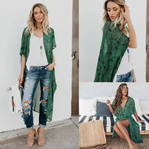 

2018 New Green Leaf Beach Cover Up Women Chiffon Blouse Coat Swimsuit Cardigan Jacket Bikini Cover Up Bathing Beachwear