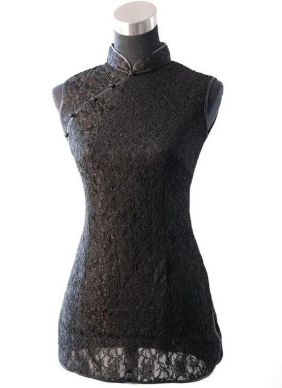 

New Arrival Black Chinese Women's Lace Shirt Tops Sexy Slim Sleeveless Blouse Vintage Button Clothing Size S M L XL XXL WS004