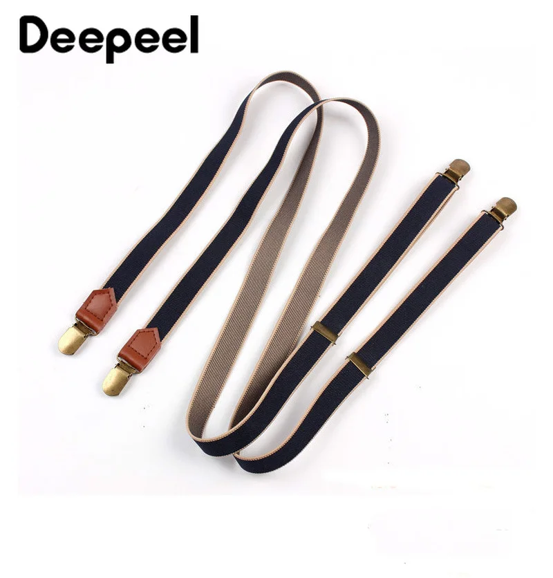 Deepeel 1pair 2X110cm Unisex Polyester Striped Webbing Suspenders Bronze 4 Clip Do Not Cross Sling Belt Men Suit Strap SP051
