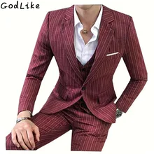 2017 Men s Stripe Red Blazer Suits One Button Custom Men s Wedding And Party Suits