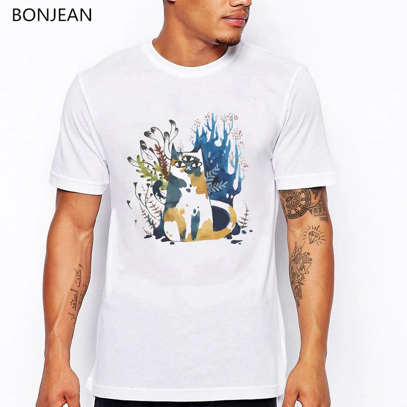 

watercolor cat animal printed tshirt men funny t shirt camisetas hombre harajuku shirt white o-neck short sleeve t-shirt men