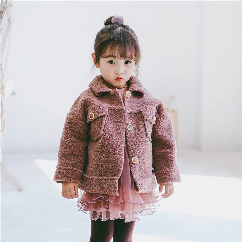 

Girls Wool Coat Autumn Warm Pocket Kids Coats 2 3 4 5 6 Yrs Baby Windbreaker Solid Lambswool Outerwear Toddler Trench Short Coat