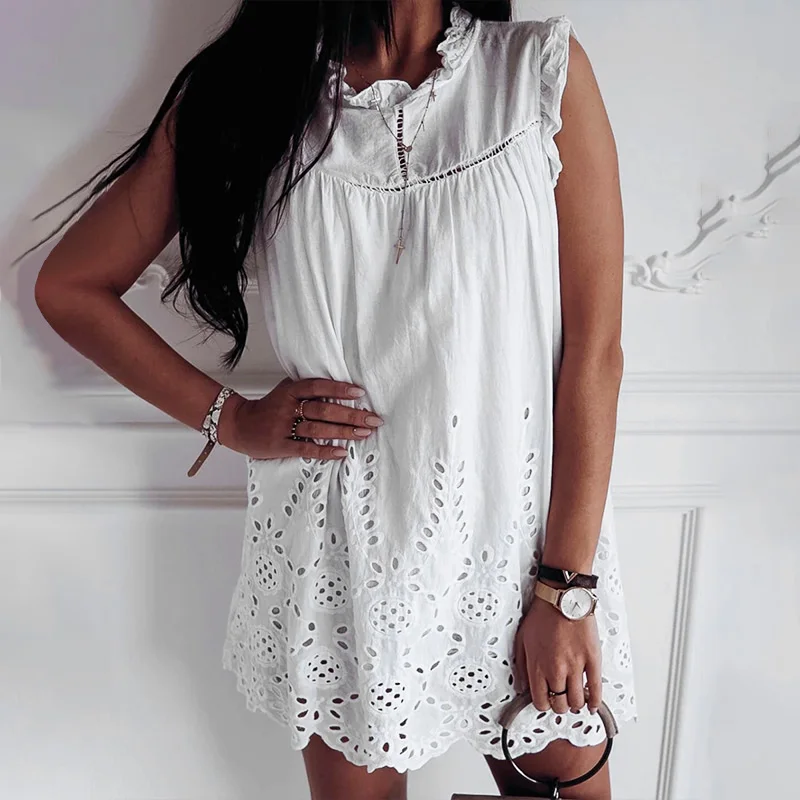 

Womens White Ruffled Sleeveless Hollow Out Mini Dress Plus Size 3XL Retro Dresses Female 2019 Summer Fashion Loose Clothes Women