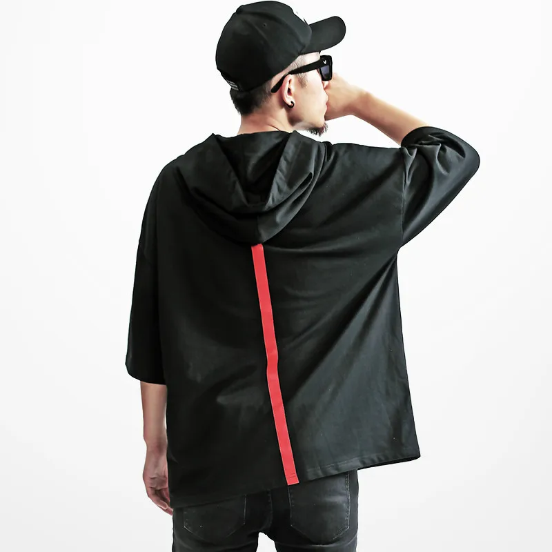 High Street Short Sleeve With Cap Hoodie Men Hip Hop Skateboard Red Strip Sweatshirt Men Justin Bieber Mens Kpop