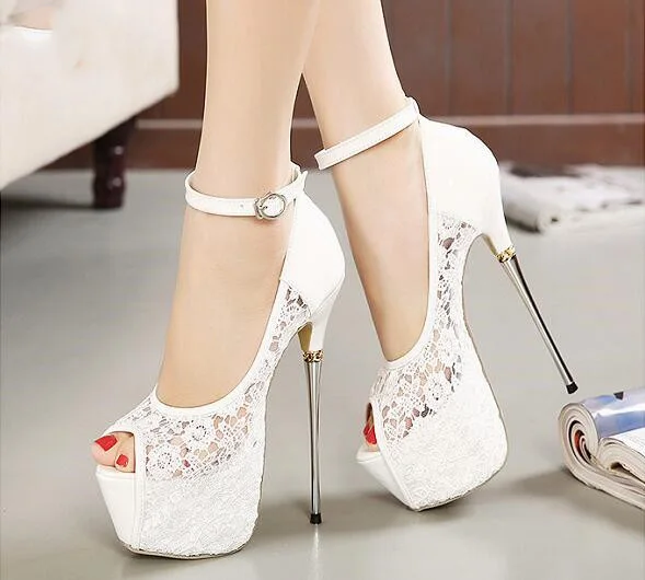 

2017 sexy white black lace pumps peep toe high heels pumps 16 cm shallow platform shoes extreme high heels bridal shoes