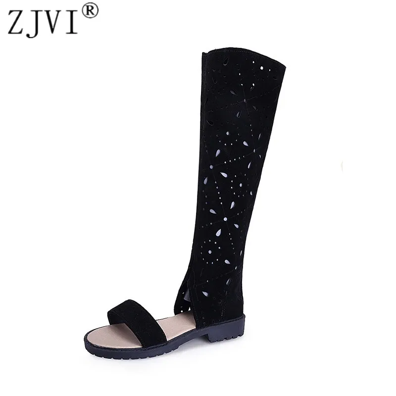 

ZJVI woman fashion suede summer thigh high boots 2018 women cut outs knee high boots womens nubuck shoes black sandals