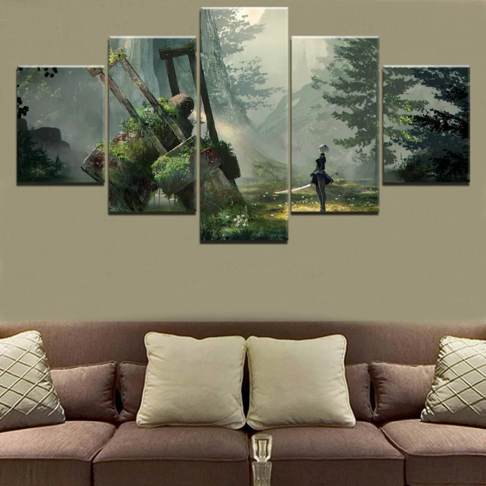 

Landscape Painting Canvas HD Printed Game Painting Wall Art Decor Modular Picture Framework 5 Panel NieR Automata 2B Game Poster