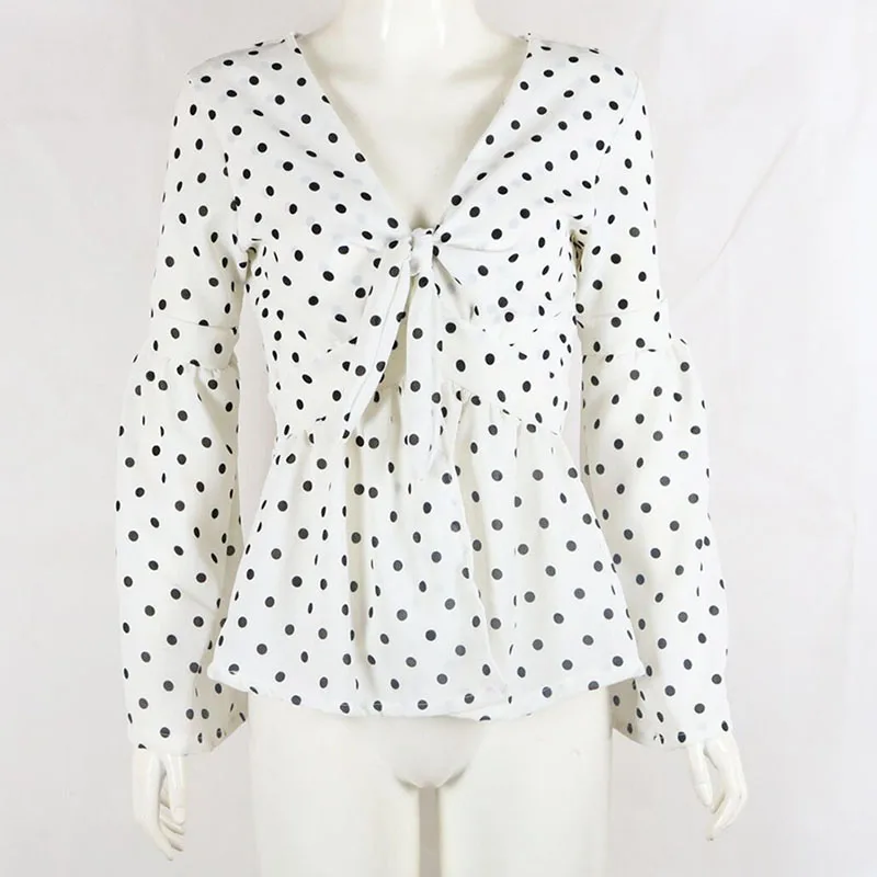 Women Elegant V Neck Black And White Ladies Bow Tie Shirts Polka Dot ...