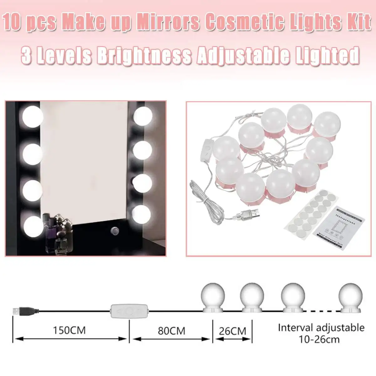 

10 pcs Makeup Mirror Vanity LED Light Bulbs Kit 3 Levels Brightness Adjustable Lighted Make up Mirrors Cosmetic Lights