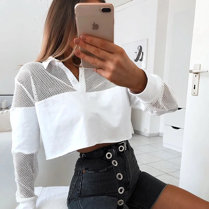 Fitshinling 2019 Autumn Mesh Patchwork Sweatshirt Female Crop Top Hollow Out Slim White Hoodies Women Sweatshirts Streetwear Hot Fitshinling 2019 Autumn Mesh Patchwork Sweatshirt Female Crop Top Hollow Out Slim White Hoodies Women Sweatshirts Streetwear Hot