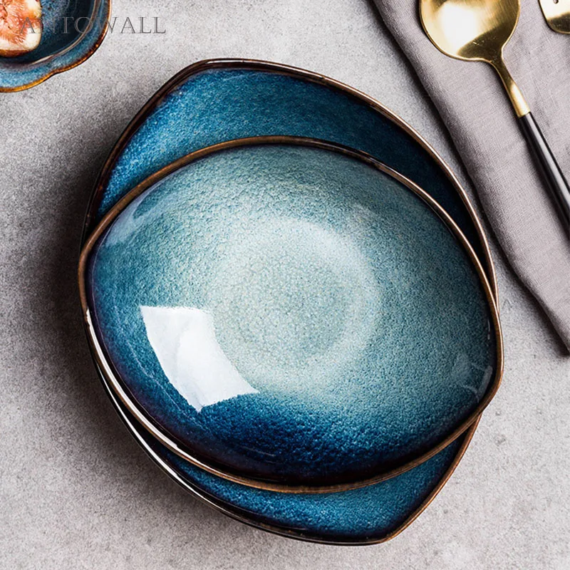 ANTOWALL Blue Feng Eye Kiln Glaze Ceramic Tableware Dish Plate Plum Bowl Rice Noodle Soup Bowl Porcelain Dinnerware Set