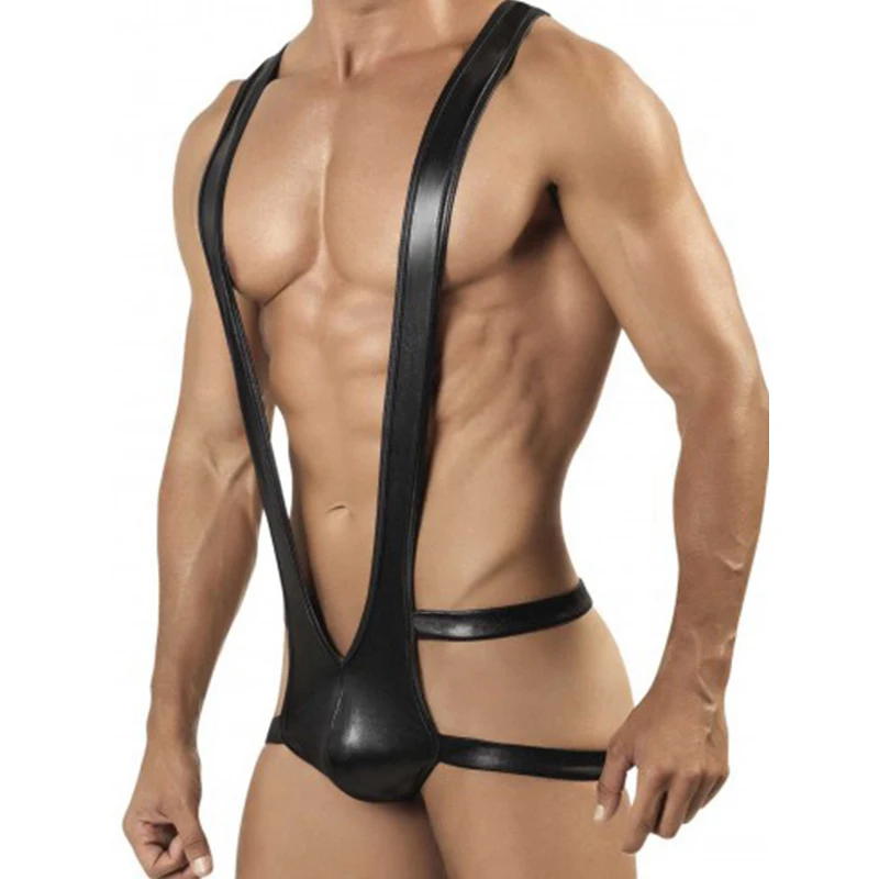Mens Vinyl Wrestling Singlet Lingerie Bodysuit Pouch-Short Sexy Man Cut Out Teddy Underwear Body Suit Erotic Lingerie M-XXL