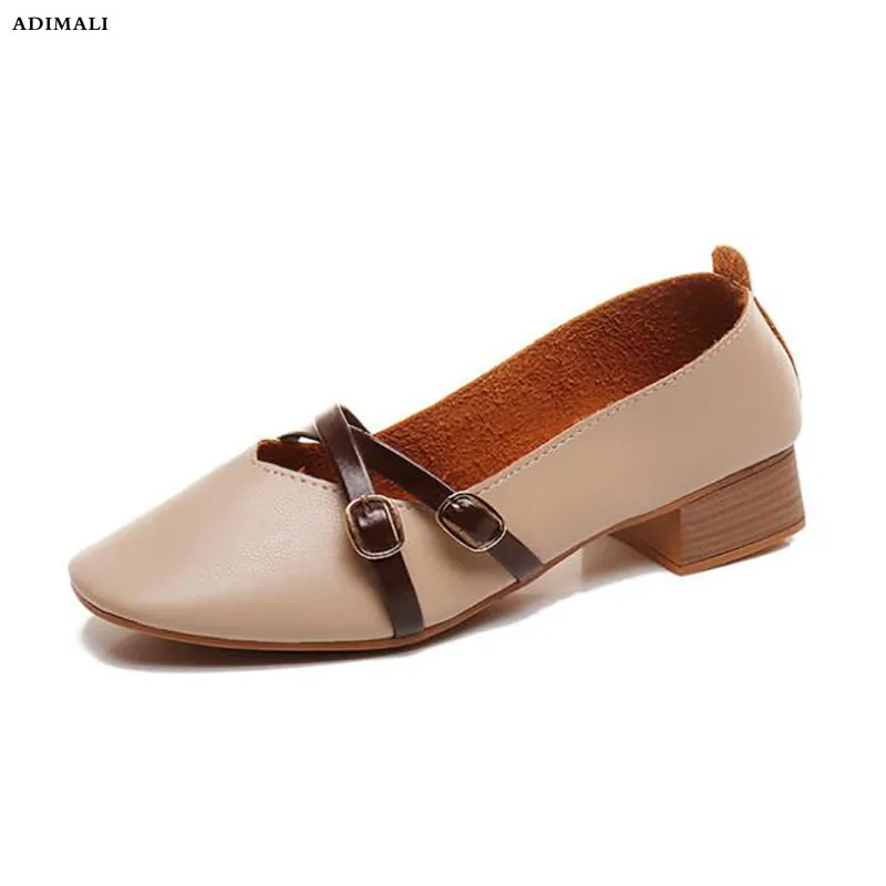 

New Leather Women Pumps Square Toe Stitching Footwear Unusual Low Heels Female Shoes Fashion Casual Shoes Woman 2019