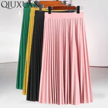 여성 패션 높은 허리 pleated 솔리드 컬러 mid-calf lengt 스커트 모든 일치 시폰 의류 레이디 캐주얼 stretchy thicken skirts(China)