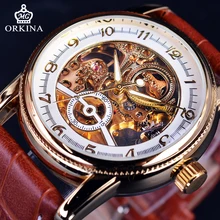 Orkina 2017 Royal Carving Design Golden Skeleton Inside Brown Leather Strap Men Watches Top Brand Luxury Automatic Fashion Watch