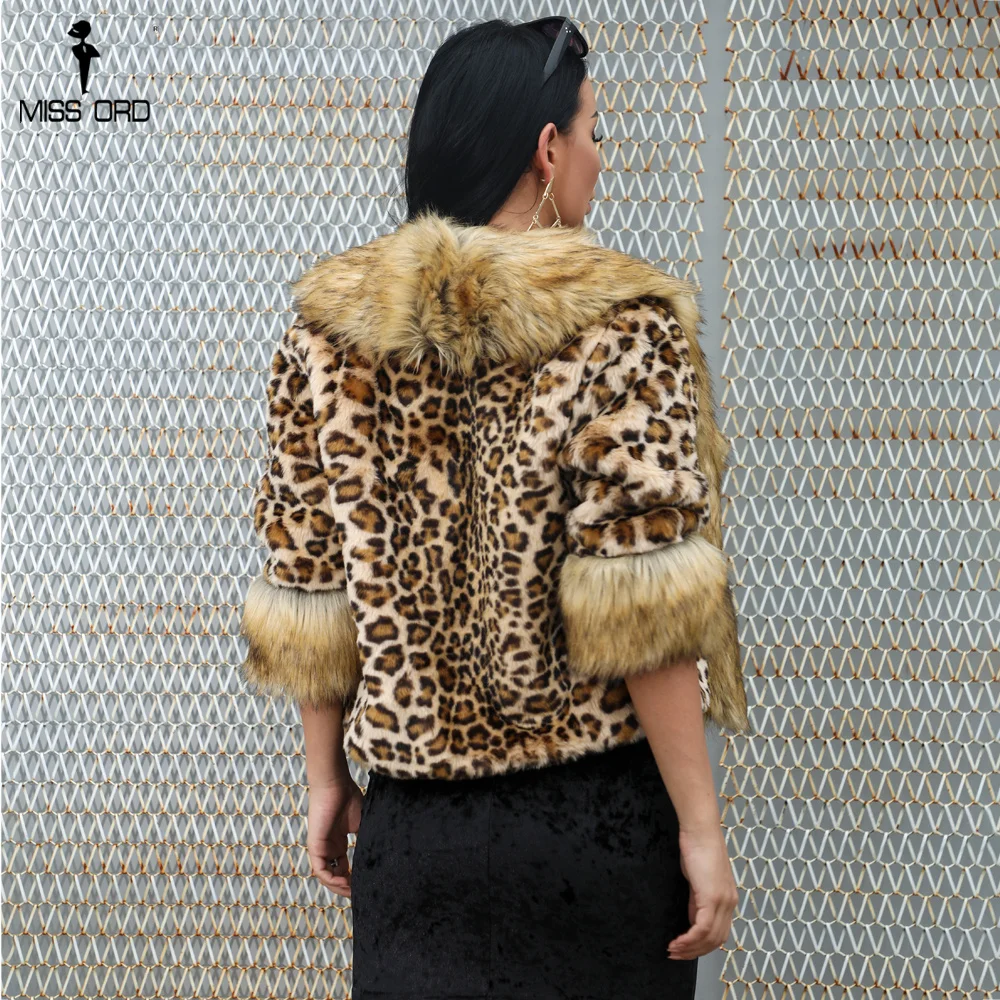 Missord модные пикантные искусственного меха короткий рукав Для женщин вечерние короткая верхняя одежда зимние теплые леопардовое пальто Swearter TB0054