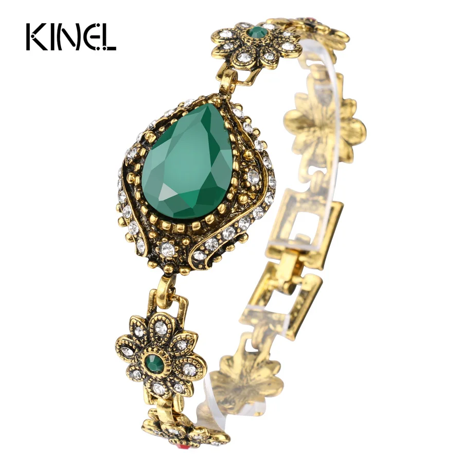 

Kinel Vintage Jewelry Fashion Green Bracelet Cuff Bangle For Women Ancient Gold Color Unique Bohemian Bracelets Crystal Gifts