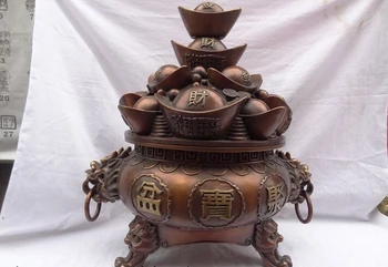 

USPS to USA S1843 19" China Pure Bronze Dragon Lion Cai YuanBao Basin Statue Incense Burner Censer