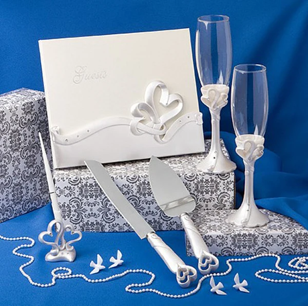 Double Heart Wedding Cake Knife Serving Set Wedding Decoration Ribbon