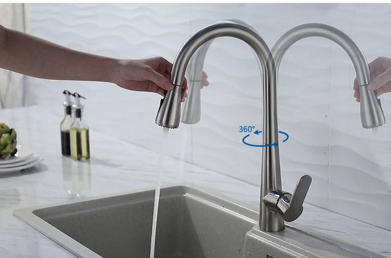 High Arc Brushed Nickel Pull Out Kitchen Water Tap Single Hole Swivel 360 Degree Kitchen Sink Faucet with Pull Down Sprayer