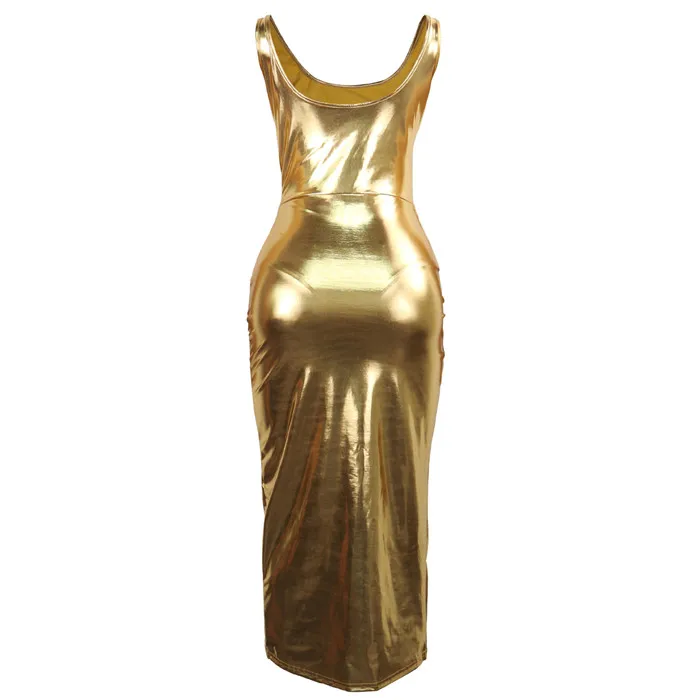 Adogirl/Золотое Платье из искусственной кожи с высоким разрезом; женские блестящие вечерние платья с квадратным воротником на бедрах; облегающее платье-футляр без рукавов