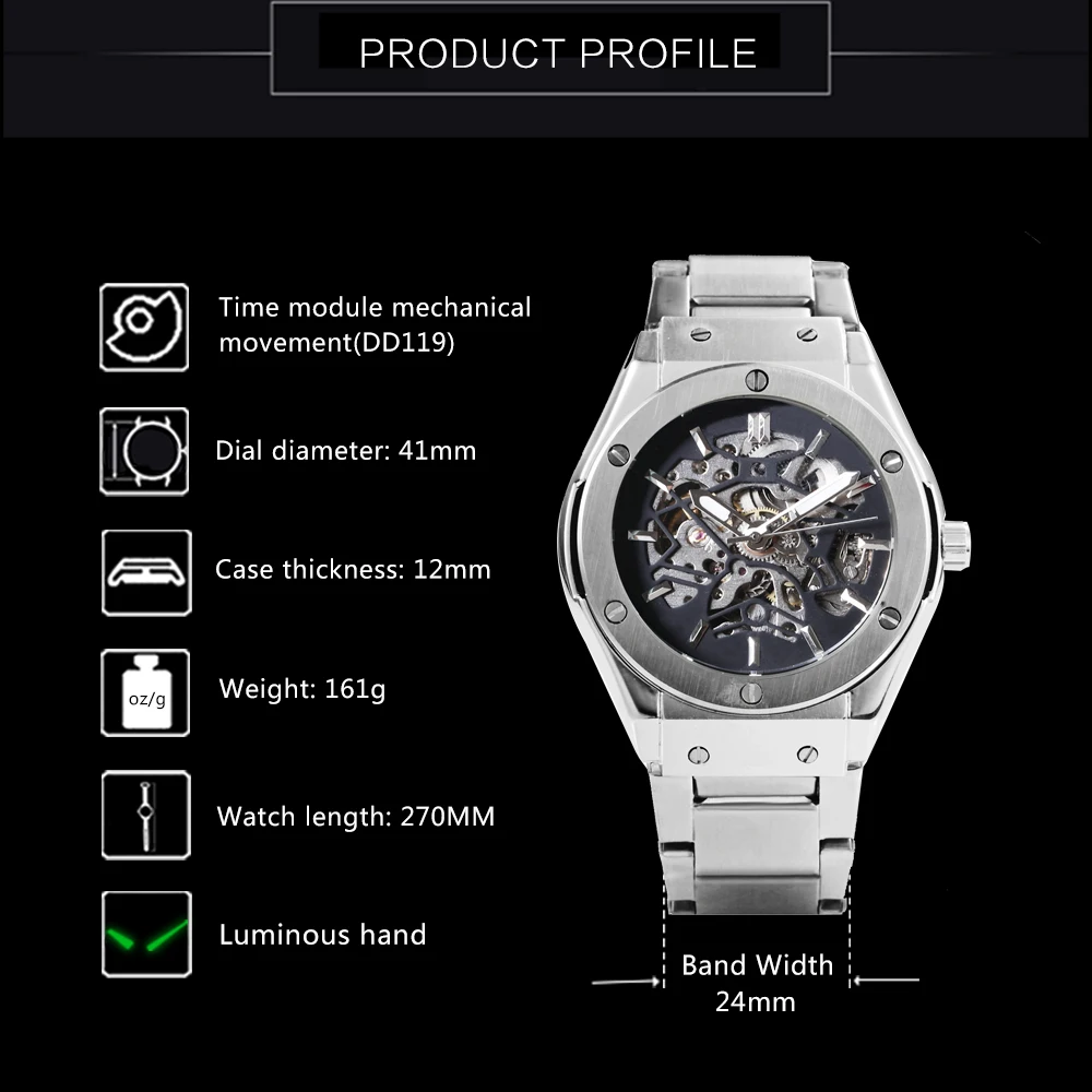 الفائز أزياء الرياضة ووتش الرجال الفاخرة التلقائي ساعات آلية الهيكل العظمي الهاتفي الفولاذ المقاوم للصدأ حزام الهيب هوب ساعة اليد رجل
