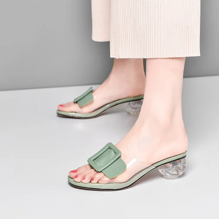 

PXELENA Designer Brand New Genuine Leather Transparent Slides Women Fretwork Crystal Heels Slippers Buckle Shoes Plus Size 34-43