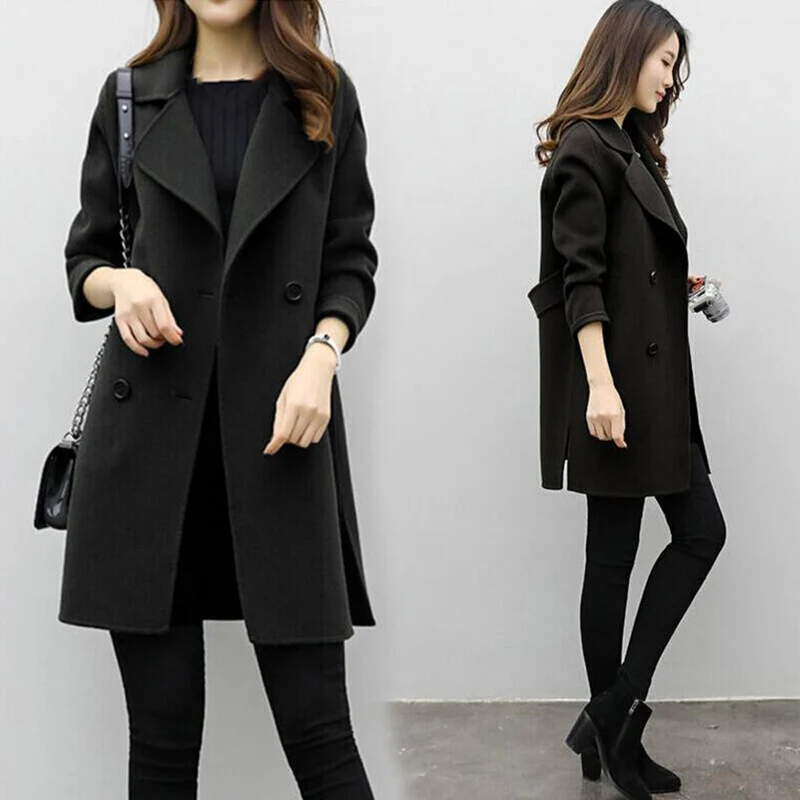 Women Wool Blend Warm Long Coat Plus Size Female Slim Fit Lapel Woolen Overcoat Autumn Winter Cashmere Outerwear - Цвет: Черный