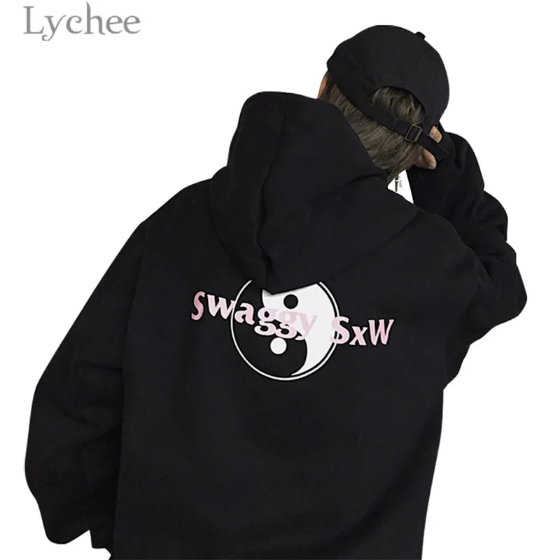 

Lychee Harajuku Tai Chi Letter Print Hooded Sweatshirt Long Sleeve Fleece Hoodie Autumn Winter Casual Loose Streetwear Tracksuit
