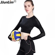 Для женщин Йога обрезанный Топ Фитнес Спортивные топы Спортивная сетка с длинным рукавом Бег Рубашка растягивается Спорт тренировки майка черный