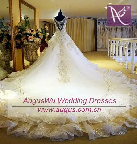 AWTO568 Gorgeous Expensive 2013 Custom Cap Sleeves Crystal Diamonds Long Trail Ball Gown Wedding Dresses | Свадьбы и торжества