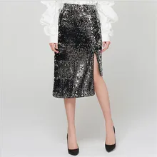 Новые красивые женские юбки черный блесток вышитые Асимметричный прямо до колен Природа Талия в стиле хип-хоп сверкающих для дам