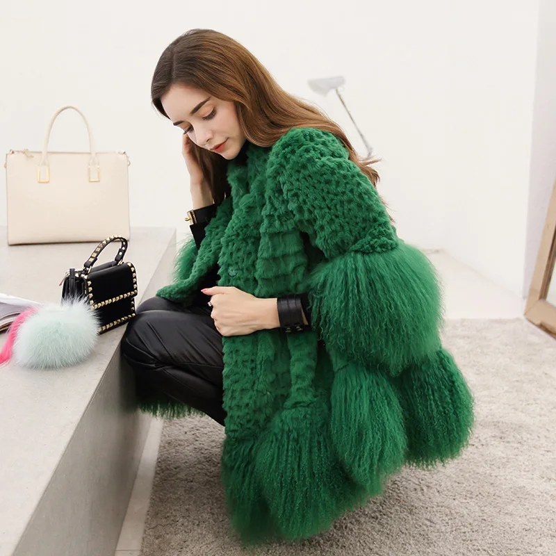 Natural rabbit fur and mongolia sheep fur patchwork winter coats women stand collar loose fit real fur coat outerwear 2018 new