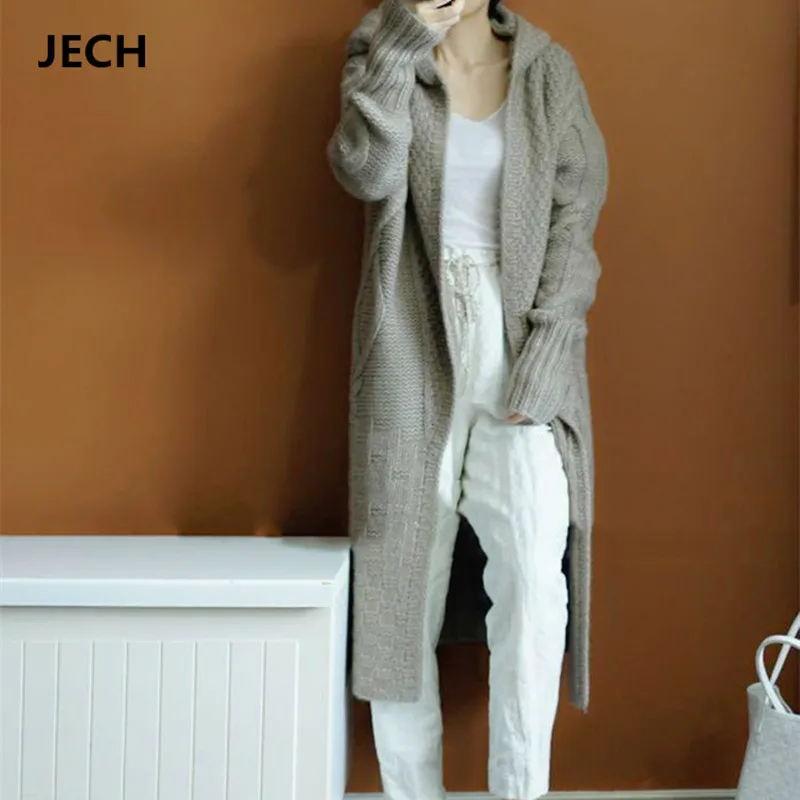 

Winter Hooded Cashmere Wool Long Cardigans Coats JECH Winter Casual Women Solid Sweaters with Zipper Long Sleeve Knitted Female