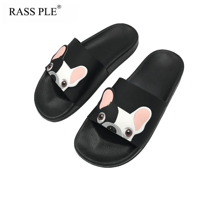 

RASS PLE 2018 Summer Beach Slippers Seaside Shoes Women Open Toe Cartoon Cute Bulldog Flip Flops Indoor Home Slides Slippers