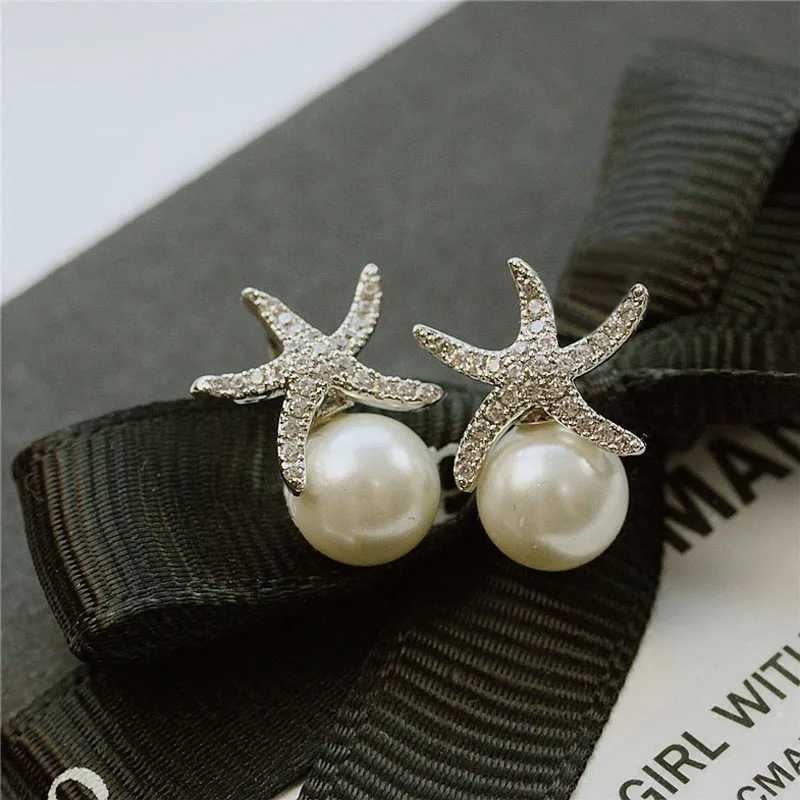 

Fashion Simple CZ stone Pave Setting Starfish Simulated Pearl Star Stud Earrings For Women Jewelry White Gold Color