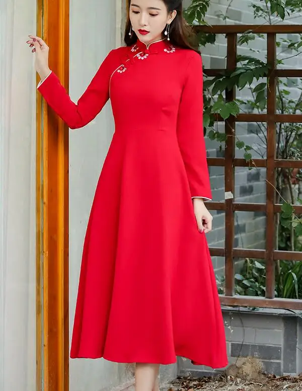 

High Quality Best-selling Chinese National Cheongsam Autumn New Arrival Stand Collar Flower Embroidery Woman Long Dress Red