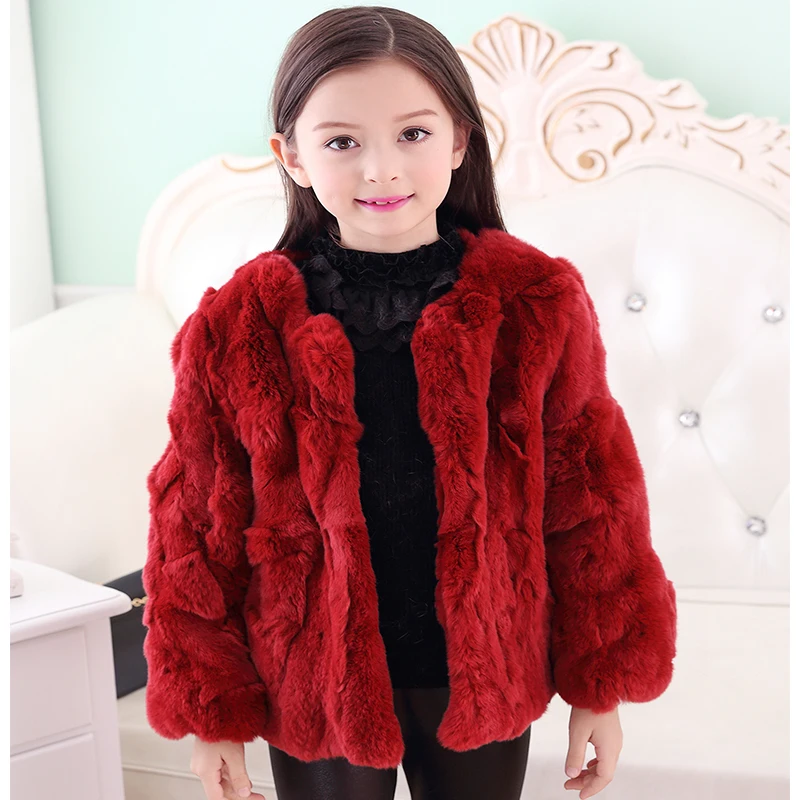 

2017 Children's Real Rabbit Fur Coat Winter Warm Baby Outerwear JacketsKids Solid Short Colthing High-quality Coat O-Neck C#11