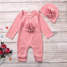 Комплект из 2 предметов комплекты одежды для новорожденных мальчиков и девочек прочный комбинезон с длинными рукавами и объемным цветком+ колпачок, комплект осенней одежды# p4