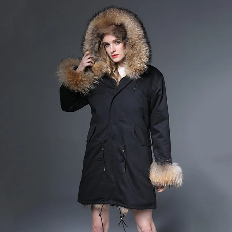 Новые с мехом енота меховая парка, куртка с капюшоном, воротник из меха енота, зимнее теплое длинное пальто, толстая парка из натурального меха, Женская куртка из натурального меха - Цвет: Black Coat