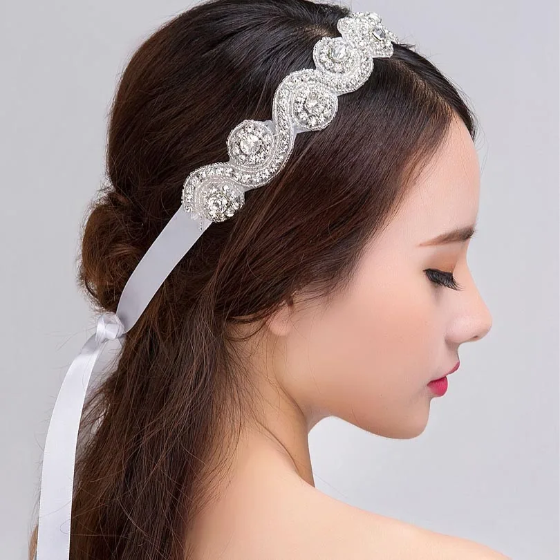 Sparkly Crystal Bead Women Bridal Headband Hair Ribbon Bride Head Chain