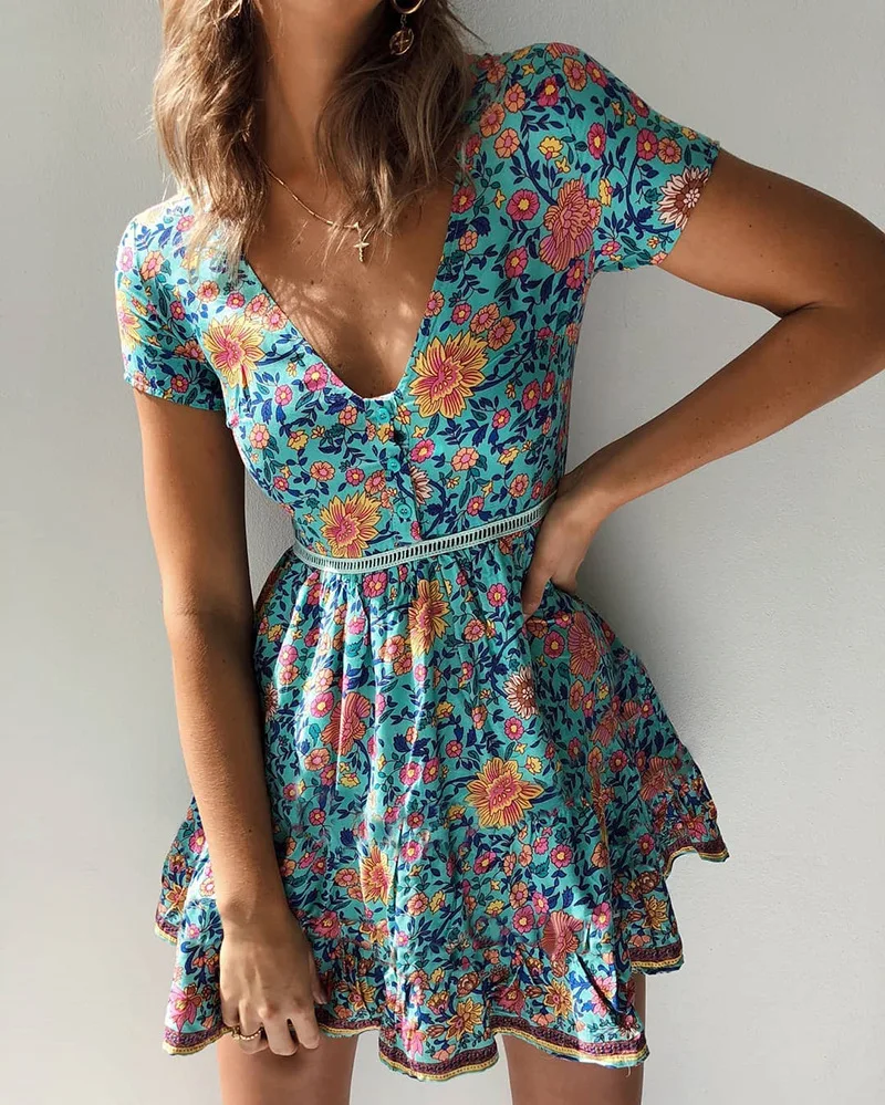 Floral Print Dress Boho Woman Summer Dresses Party Night Beach Ethnic Mini A Line Robe Sexy Sundress Vestidos Mujer | Женская одежда