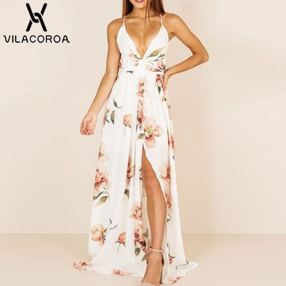 

Summer Fashion Sexy Sleeveless Camis Backless V-Neck Dress For Women Vestidos Print High Waist Split Long Women Dress robe femme