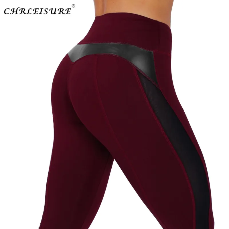 

CHRLEISURE Fashion Fitness Leather Leggings Women Workout Mesh Leggings jeggings Mesh PU Leather Patchwork Leggings