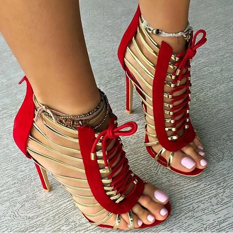 New Design Women Fashion Gold Strap Design Lace-up Cut-out High Heel Sandals Black Red Gladiator Sandals Dress Shoes цена New Design Women Fashion Gold Strap Design Lace-up Cut-out High Heel Sandals Black Red Gladiator Sandals Dress Shoes цены онлайн